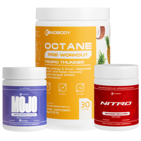 Three fitness supplement containers: Octane pre-workout, Mojo testosterone booster, and Nitro circulation enhancer.