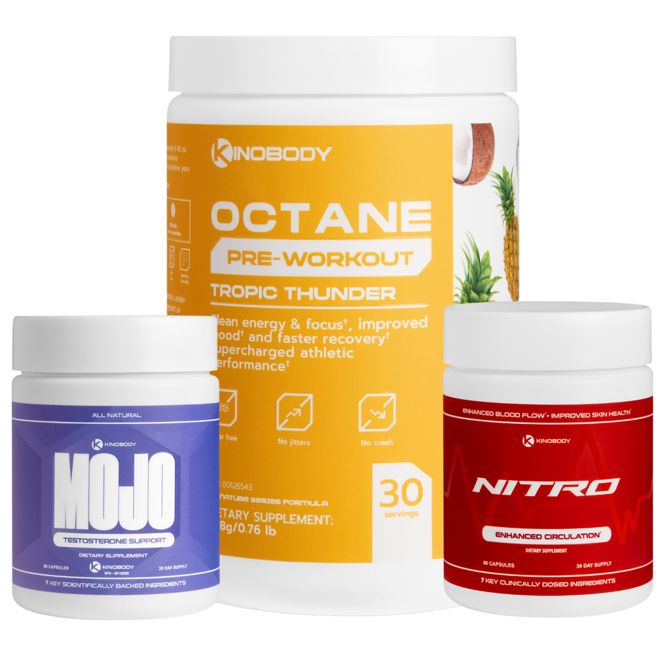 Three fitness supplement containers: Octane pre-workout, Mojo testosterone booster, and Nitro circulation enhancer.