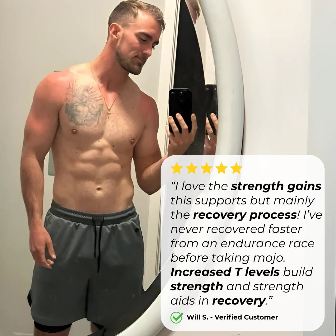 Man posing in front of a mirror, showcasing a fit physique with a testimonial about strength gains and recovery process.