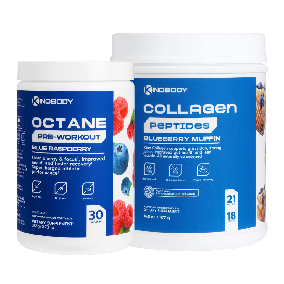 A container of Octane pre-workout supplement in blue raspberry flavor and a container of collagen peptides in blueberry muffin flavor.