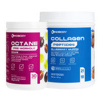 Two supplement jars: a pre-workout in grape flavor and collagen peptides in blueberry muffin flavor.