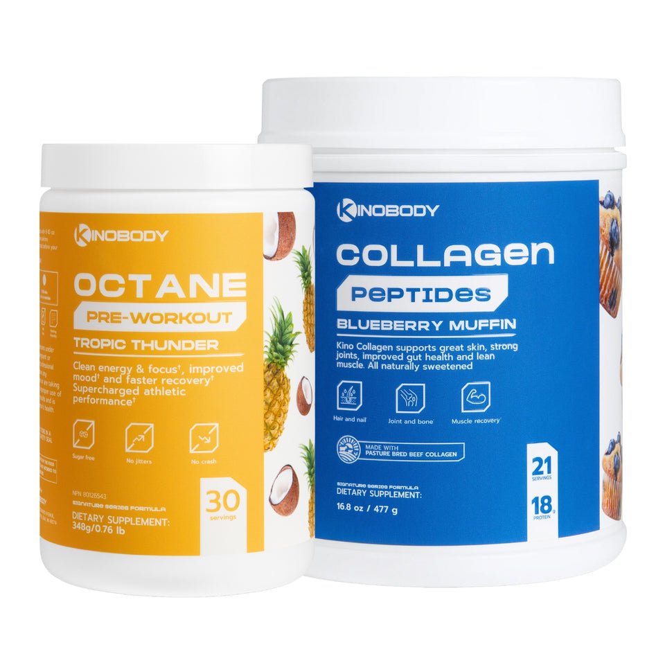 Two dietary supplement containers: a pre-workout formula in an orange container and collagen peptides in a blue container.