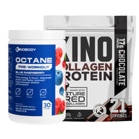 Container of blue raspberry pre-workout supplement next to chocolate collagen protein powder.