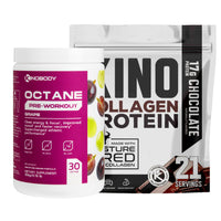 Container of OCTANE pre-workout supplement and bag of chocolate collagen protein powder.