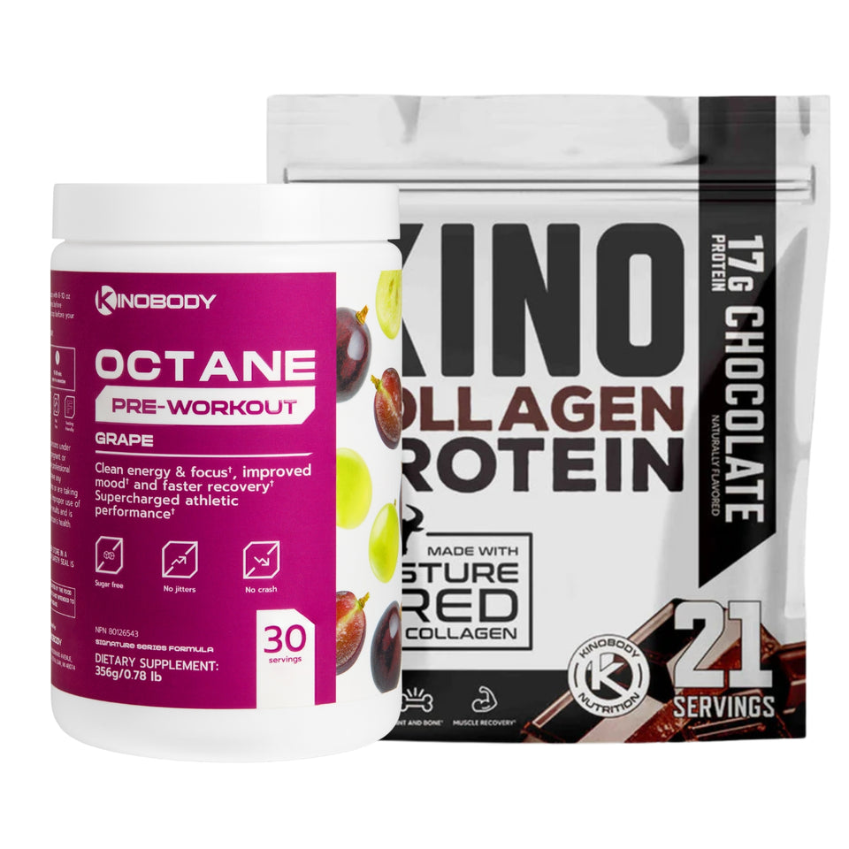 Container of OCTANE pre-workout supplement and bag of chocolate collagen protein powder.
