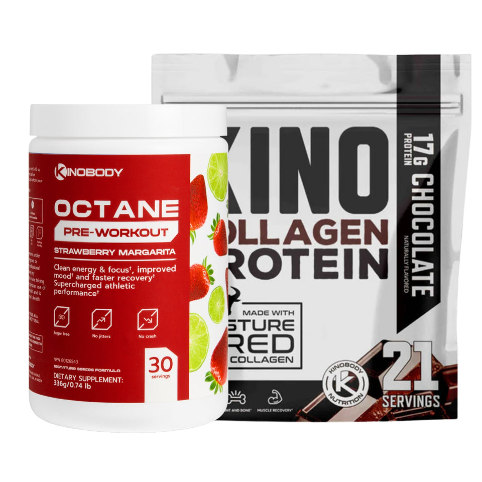 Container of Kinobody Octane pre-workout powder and Kino collagen protein in chocolate flavor.