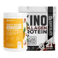 Container of pre-workout supplement and bag of collagen protein powder