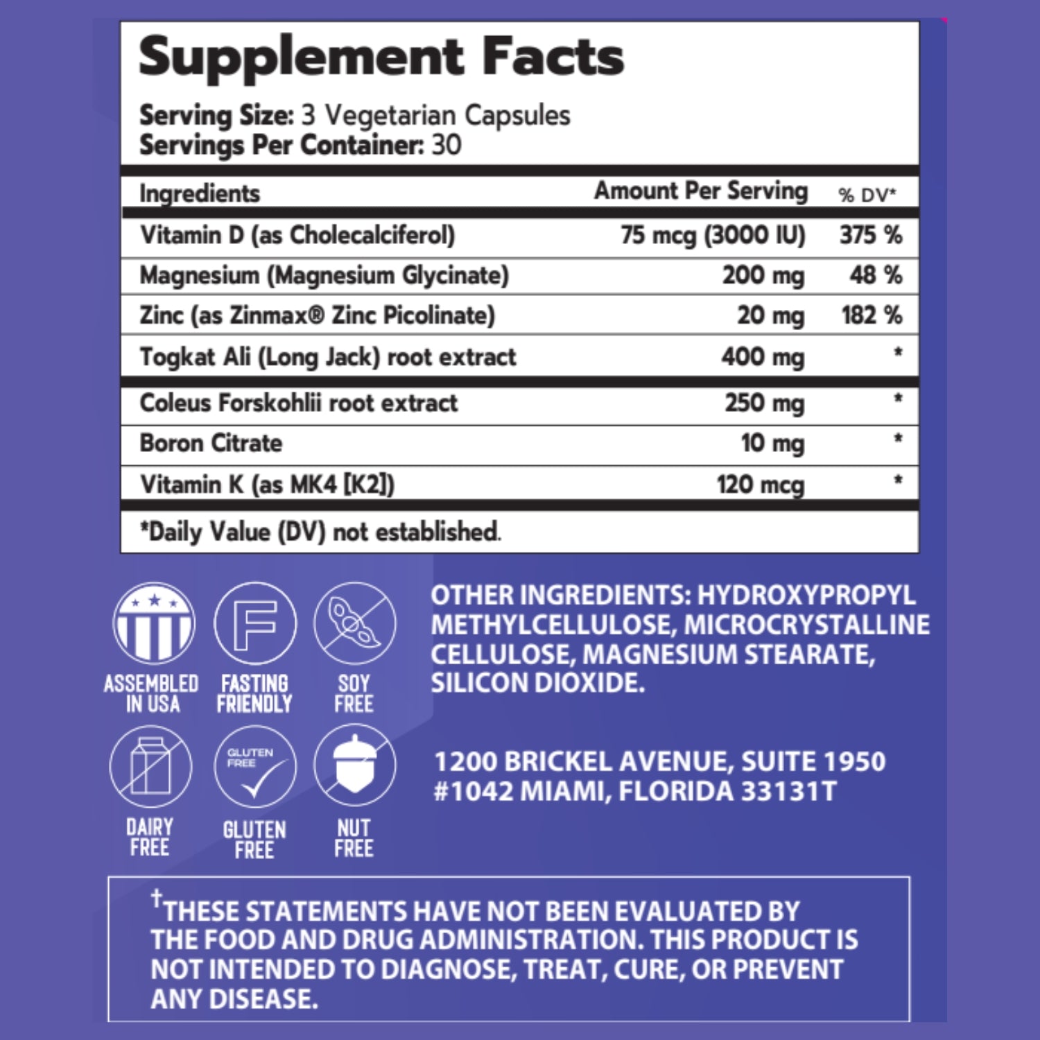 Supplement facts for a dietary supplement, including ingredients and nutritional information.