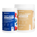 Two supplement containers: one labeled 'Octane Pre-Workout' in blue raspberry flavor and the other 'Collagen Peptides' in vanilla macaron flavor.