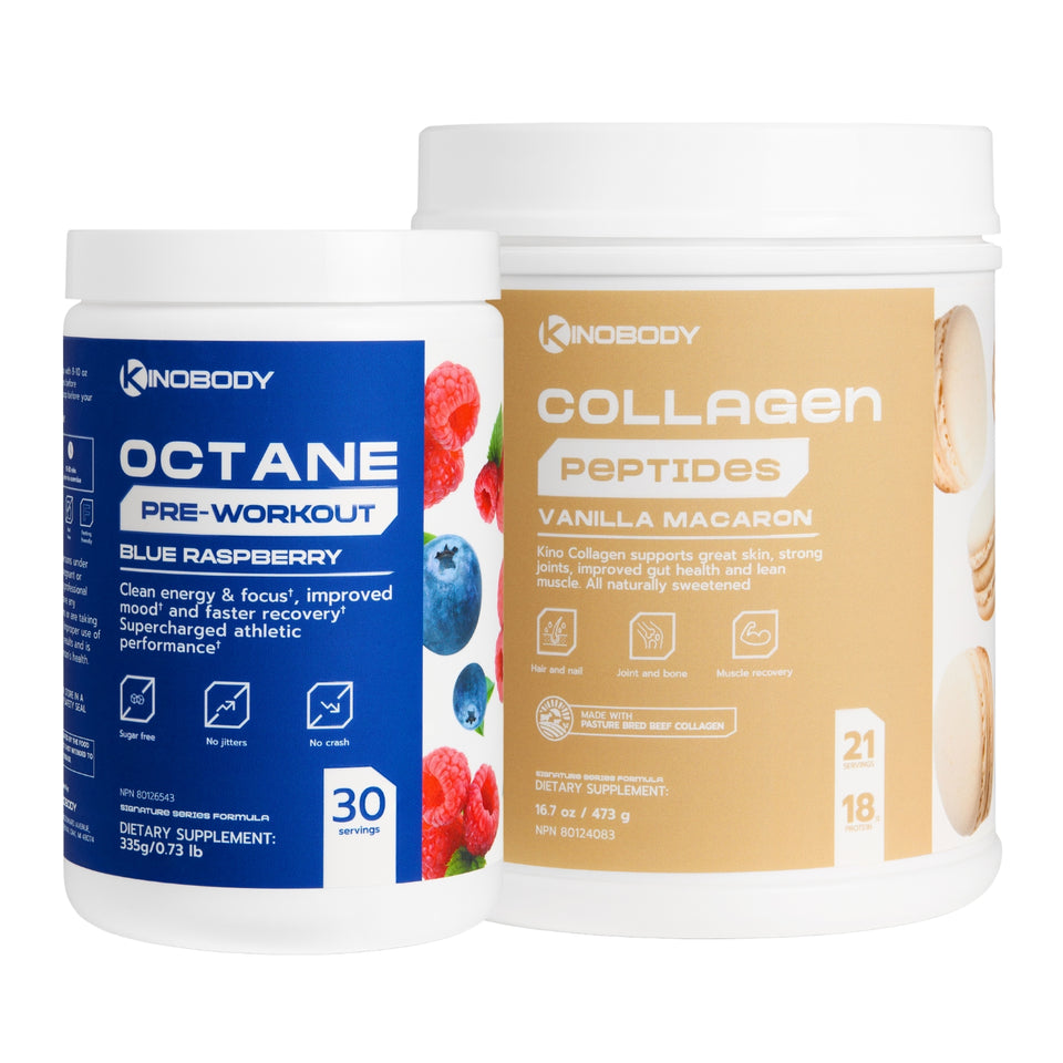 Two supplement containers: one labeled 'Octane Pre-Workout' in blue raspberry flavor and the other 'Collagen Peptides' in vanilla macaron flavor.