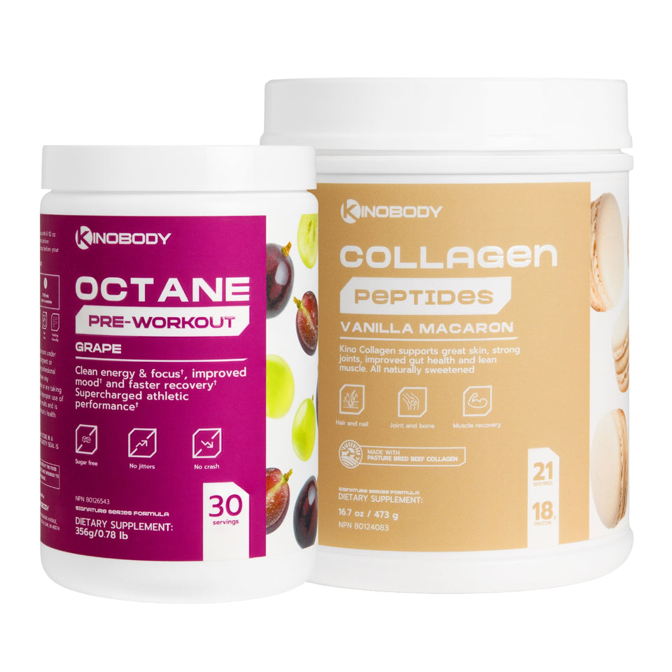 Two containers of dietary supplements: a purple pre-workout labeled 'Octane' and a beige collagen peptides labeled 'Collagen' with flavors.
