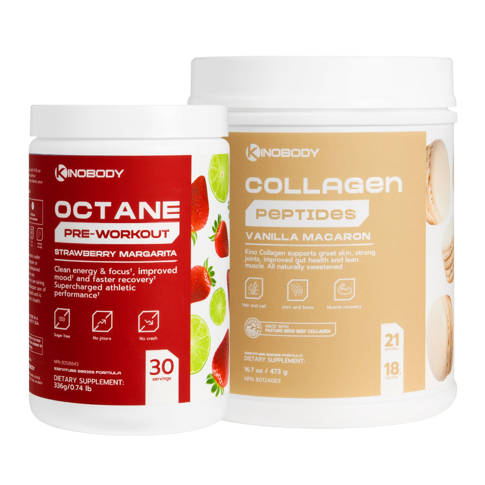 Two containers of dietary supplements: one labelled 'Octane Pre-Workout Strawberry Margarita' and the other 'Collagen Peptides Vanilla Macaron'.