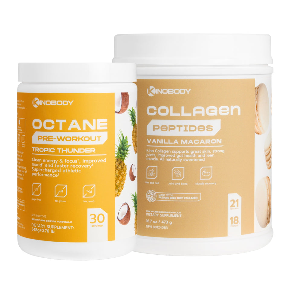 Two supplement containers: a pre-workout labeled 'Octane Tropical Thunder' and a collagen peptides container labeled 'Vanilla Macaron.'