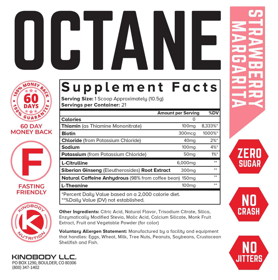 Supplement facts label for Octane Strawberry Margarita by Kinobody LLC
