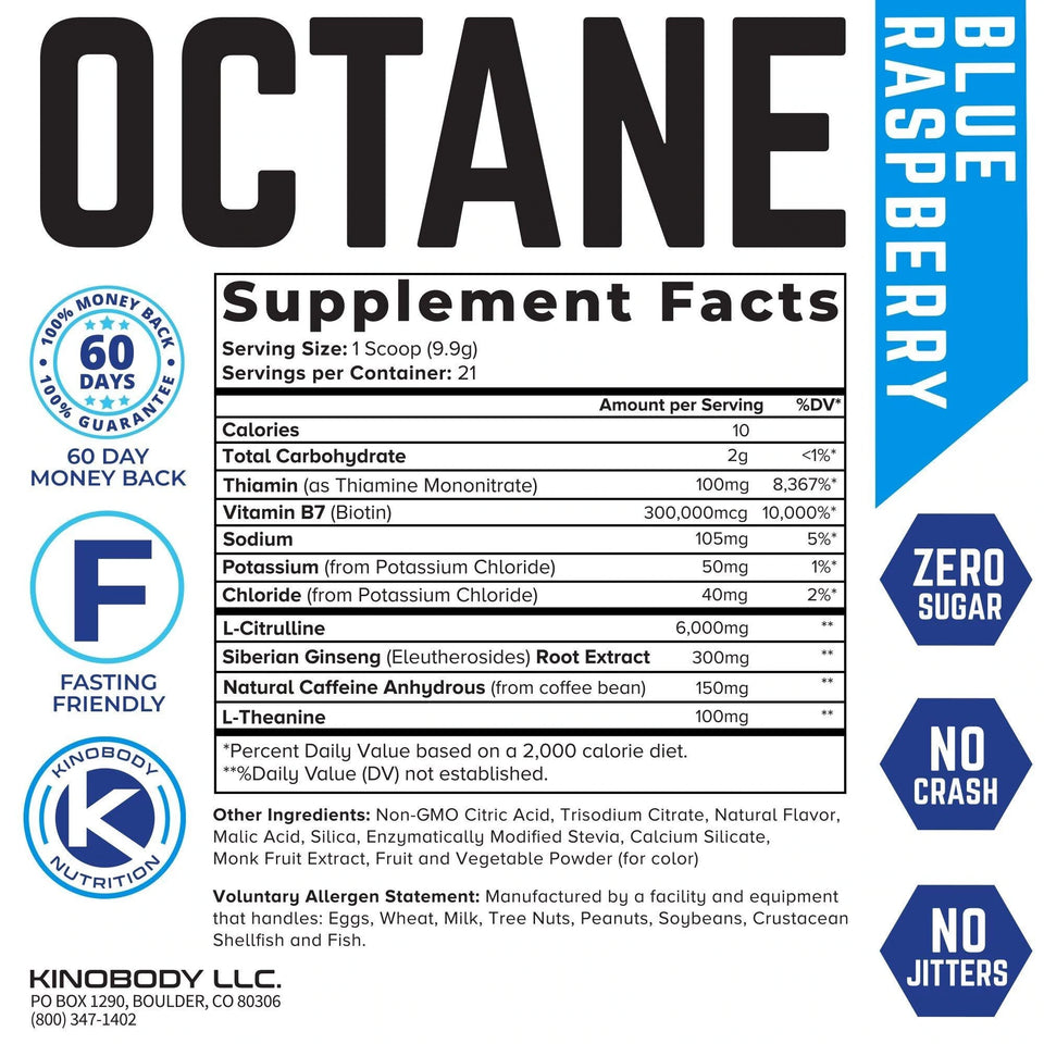 Supplement facts for Blue Raspberry flavor of Octane energy drink.