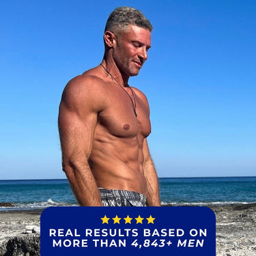 Shirtless man standing by the beach with ocean in the background, promoting fitness results.