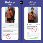 A side-by-side comparison of a male's fitness progress, showing 'Before' with a testosterone level of 302 T and 'After' with a testosterone level of 757 T.