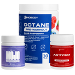 Three containers of dietary supplements including pre-workout and energy boosters.