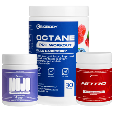 Three containers of dietary supplements including pre-workout and energy boosters.