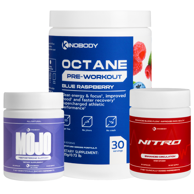 Three containers of dietary supplements including pre-workout and energy boosters.