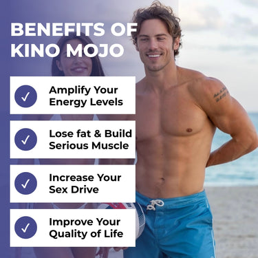 A man standing on the beach, promoting the benefits of Kino Mojo, which include amplifying energy, losing fat and building muscle, increasing sex drive, and improving quality of life.