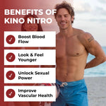 Image promoting the benefits of Kino Nitro with a list of features next to a smiling man on a beach.