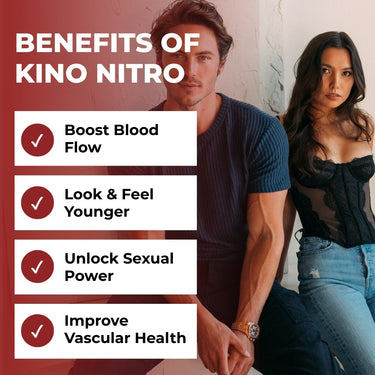 Image highlighting the benefits of Kino Nitro, featuring a man and a woman, with text listing benefits like boosting blood flow and improving vascular health.