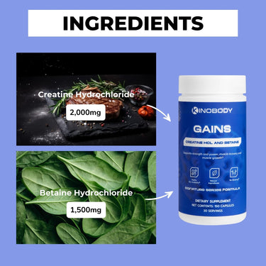 Image displaying the ingredients of a supplement, featuring Creatine Hydrochloride and Betaine Hydrochloride with their respective amounts.