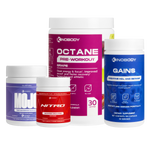 Four containers of dietary supplements including pre-workout, creatine, and energy boosters.