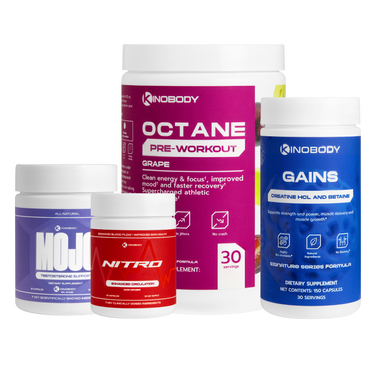 Four containers of dietary supplements including pre-workout, creatine, and energy boosters.