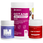 Three health supplement containers: Octane pre-workout in grape flavor, Mojo testosterone support, and Nitro for enhanced circulation.