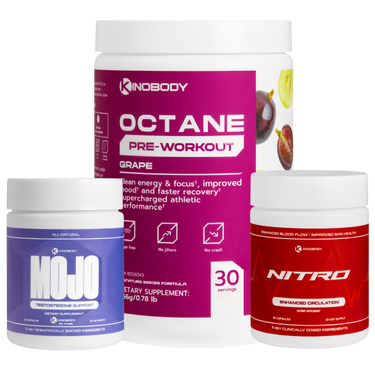 Three health supplement containers: Octane pre-workout in grape flavor, Mojo testosterone support, and Nitro for enhanced circulation.