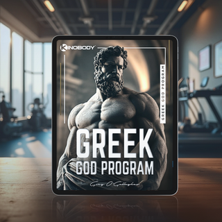 Fitness program advertisement featuring a muscular statue and the title 'Greek God Program'.