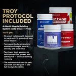 Four muscle-building supplement containers with text detailing a 4-month training system for muscle gain and flexibility.