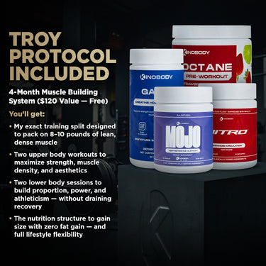 Four muscle-building supplement containers with text detailing a 4-month training system for muscle gain and flexibility.