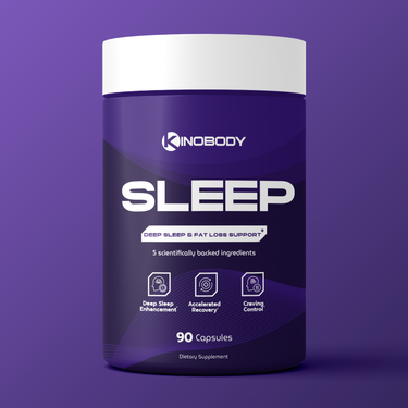 Container of Kinobody Sleep dietary supplement, featuring 90 capsules for deep sleep and fat loss support.