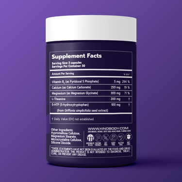 Container of dietary supplement with a purple label displaying nutritional information.