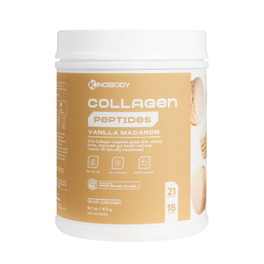Container of collagen peptides in vanilla macaron flavor.