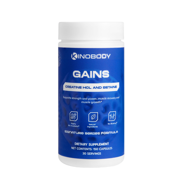Container of Kinobody Gains creatine HCL and betaine dietary supplement.