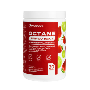 Container of Octane pre-workout powder in strawberry margarita flavor
