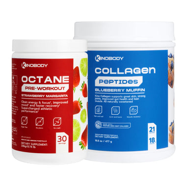 Two supplement containers, one labeled 'Octane Pre-Workout Strawberry Margarita' and the other 'Collagen Peptides Blueberry Muffin'.