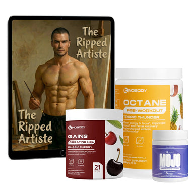 Supplement containers with branding and a tablet displaying 'The Ripped Artiste' on a white background