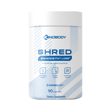 Container of Kinobody Shred dietary supplement for fat loss, containing 90 capsules.