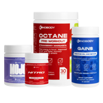 Various fitness supplements including pre-workout and creatine products.