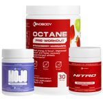 Three fitness supplement containers including pre-workout and testosterone support products.