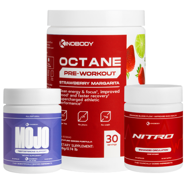 Three fitness supplement containers including pre-workout and testosterone support products.