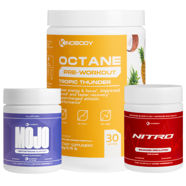 Three fitness supplement containers: Octane pre-workout, Mojo testosterone booster, and Nitro circulation enhancer.