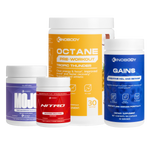 Various fitness supplement containers including pre-workout and protein products.