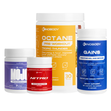 Various fitness supplement containers including pre-workout and protein products.