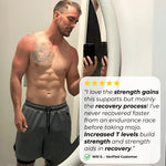 Man posing in front of a mirror, showcasing a fit physique with a testimonial about strength gains and recovery process.